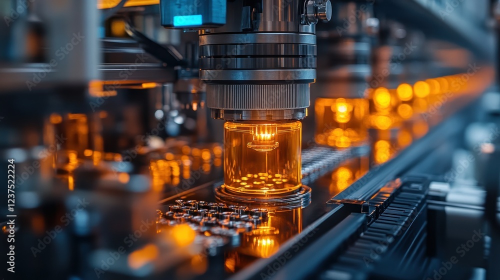 Automated Industrial Manufacturing Process: High-Tech Assembly Line Production of Glass Containers