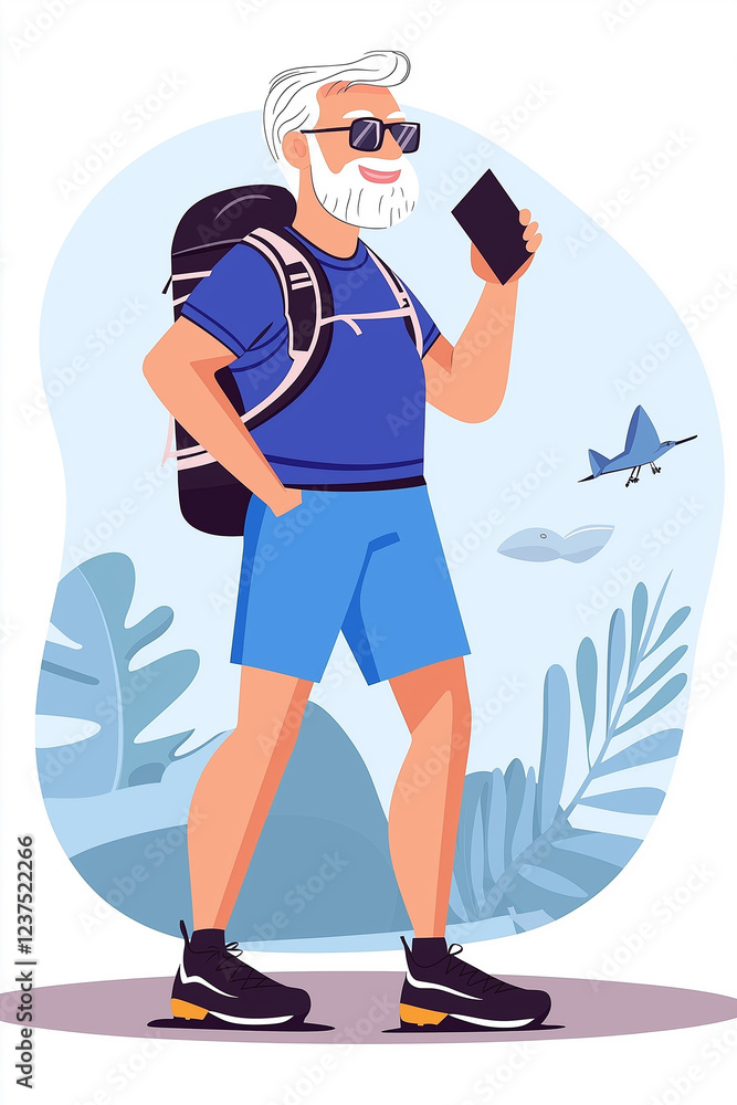 Senior backpacker hiking and using smartphone navigation app Senior backpacker hiking and using smartphone navigation app