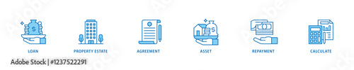 Mortgage icon set flow process which consists of loan, property estate, agreement, asset, repayment and calculate icon live stroke and easy to edit .