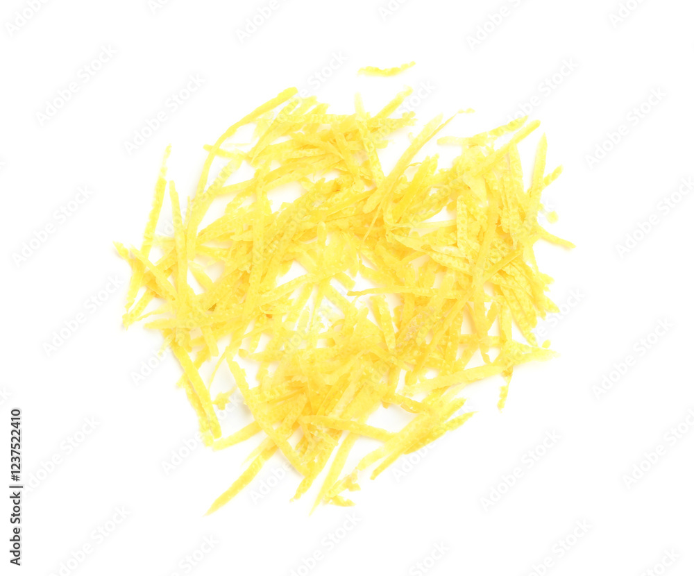 Pile of lemon zest isolated on white, top view Pile of lemon zest isolated on white, top view