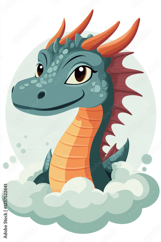 Obraz premium Friendly baby dragon emerging from clouds, a fantasy illustration