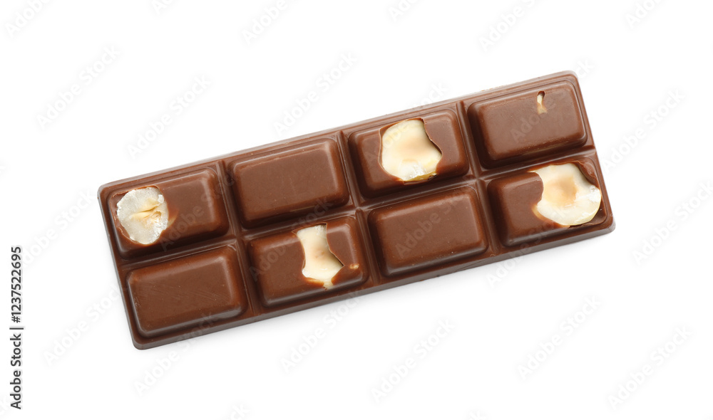 One tasty chocolate bar with nuts isolated on white, top view One tasty chocolate bar with nuts isolated on white, top view