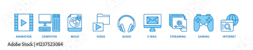 Multimedia icon set flow process which consists of e-mail, video, audio, internet, streaming, gaming, music, computer, animation icon live stroke and easy to edit .