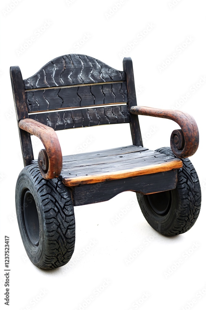 Fototapeta premium Rustic wooden bench with tire wheels, outdoor setting, recycled materials, park furniture