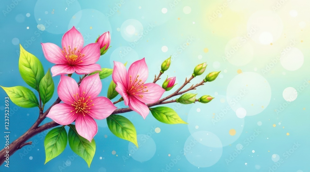 Delicate Pink Blossoms on a Branch Against a Soft Blue Bokeh Background Delicate Pink Blossoms on a Branch Against a Soft Blue Bokeh Background
