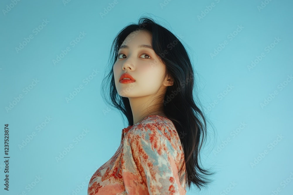 Image of expectant Asian woman against a blue backdrop Image of expectant Asian woman against a blue backdrop