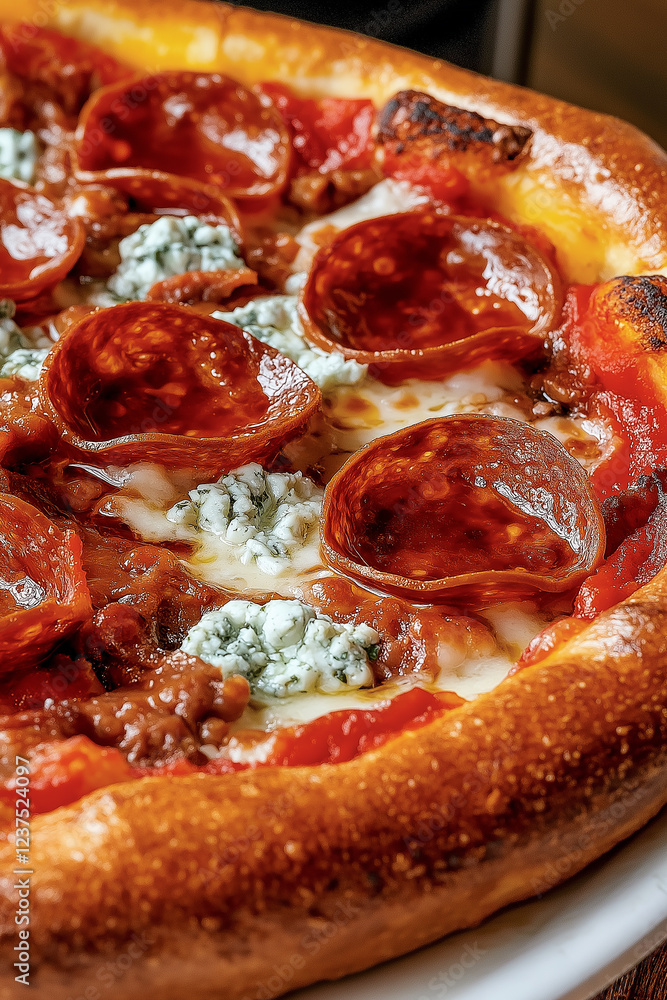 Delicious pepperoni and blue cheese pizza baking in oven Delicious pepperoni and blue cheese pizza baking in oven