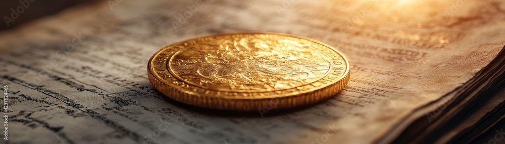 A close-up of a shiny gold coin resting on aged parchment, illuminated by warm light, evoking a sense of history and value. A close-up of a shiny gold coin resting on aged parchment, illuminated by warm light, evoking a sense of history and value.