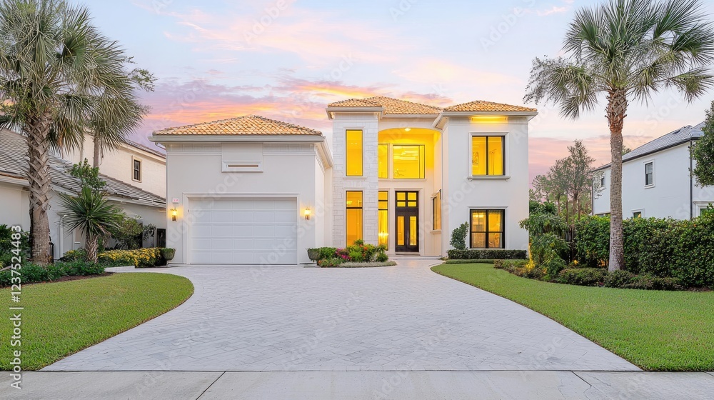 Fototapeta premium Luxury waterfront home sunset view, palm trees, driveway