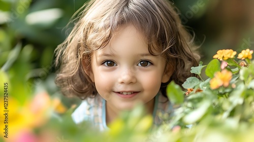 Wallpaper Mural Adorable child with charming curly hair smiling among vibrant flowers in a lush outdoor garden setting : Generative AI Torontodigital.ca