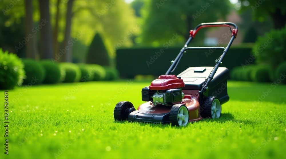 A vibrant red lawnmower rests on a lush green lawn, ready for a summer's day of maintaining a perfectly manicured outdoor space. A vibrant red lawnmower rests on a lush green lawn, ready for a summer's day of maintaining a perfectly manicured outdoor space.