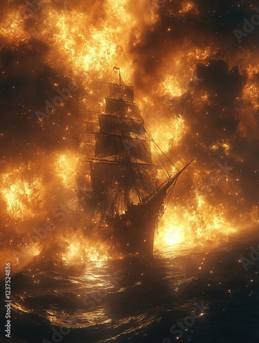 Sailing ship in fiery nebula, cosmic voyage