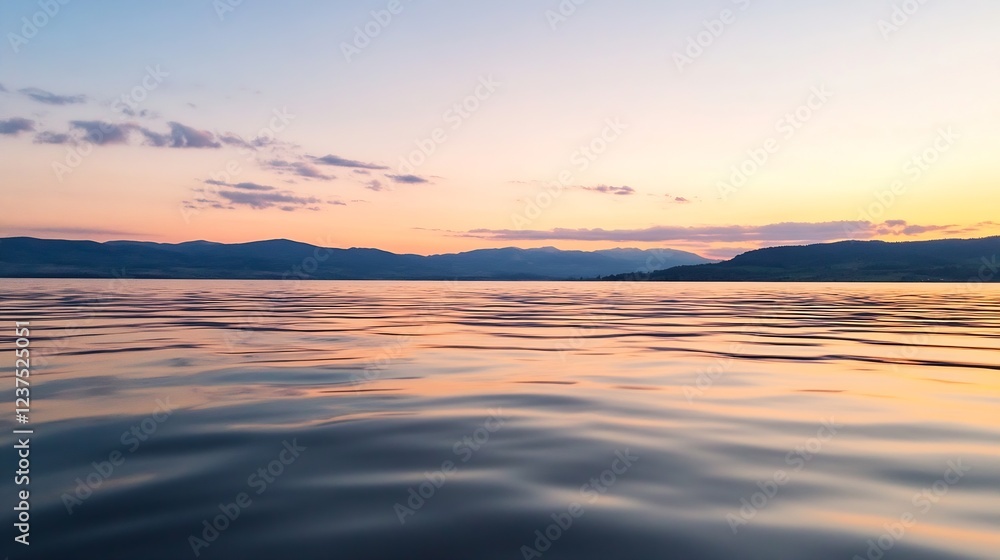 Obraz premium Idyllic Sunset Over Calm Waters with Gentle Hills in the Distance : Generative AI