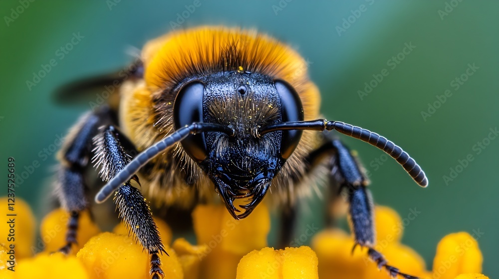 Closeup of a Honeybee on a Yellow Flower with Vibrant Details and Blurred Background : Generative AI Closeup of a Honeybee on a Yellow Flower with Vibrant Details and Blurred Background : Generative AI