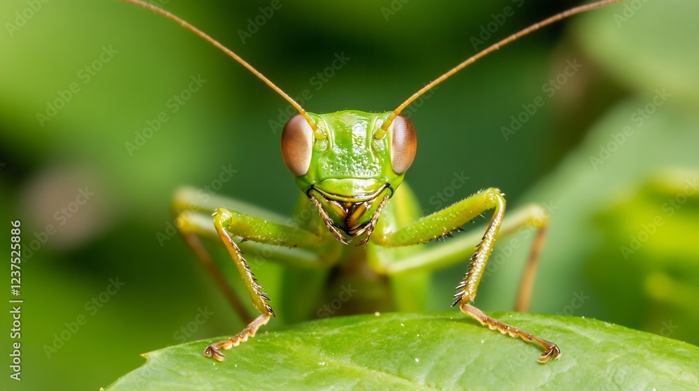 Vibrant Green Praying Mantis Perched on Leaf with Natural Greenery : Generative AI Vibrant Green Praying Mantis Perched on Leaf with Natural Greenery : Generative AI