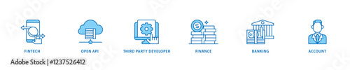 Open banking icon set flow process which consists of the fintech, coding, open API, finance, banking, third party developer, and account icon live stroke and easy to edit .