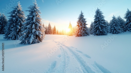 Wallpaper Mural Sunlit winter mountain path, snow-covered trees, scenic sunset Torontodigital.ca