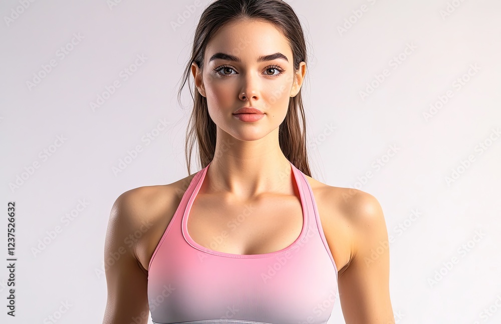an attractive fitness model wearing a pink and grey ombre sports top, standing with arms at her sides in front of a white background. an attractive fitness model wearing a pink and grey ombre sports top, standing with arms at her sides in front of a white background.