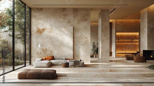 MATERIAL SELECTION MOODBOARD OF A CORPORATE MODERN OFFICE, INCLUDING BEIGE TRAVERTINE WITH CLEAN FINISH, WARM WOOD WITH GLOSSY FINISH, MATT BLACK ALUMINIUM ROD, AND OPAQUE GLASS