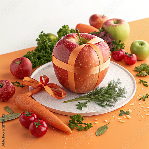 Apple wrapped with the temple line is surrounded by vegetables on an orange background photo