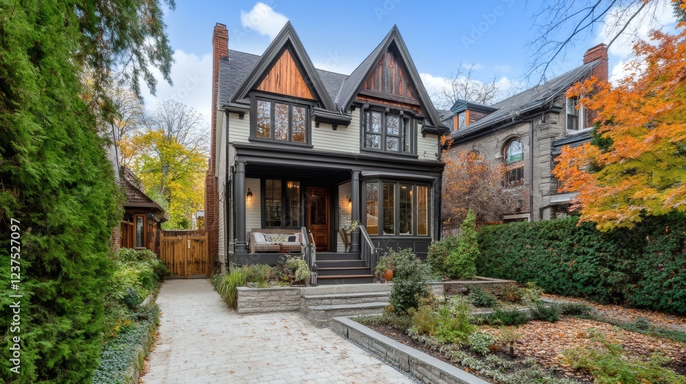 Charming Victorian House with Autumnal Landscaping and Cobblestone Driveway Charming Victorian House with Autumnal Landscaping and Cobblestone Driveway