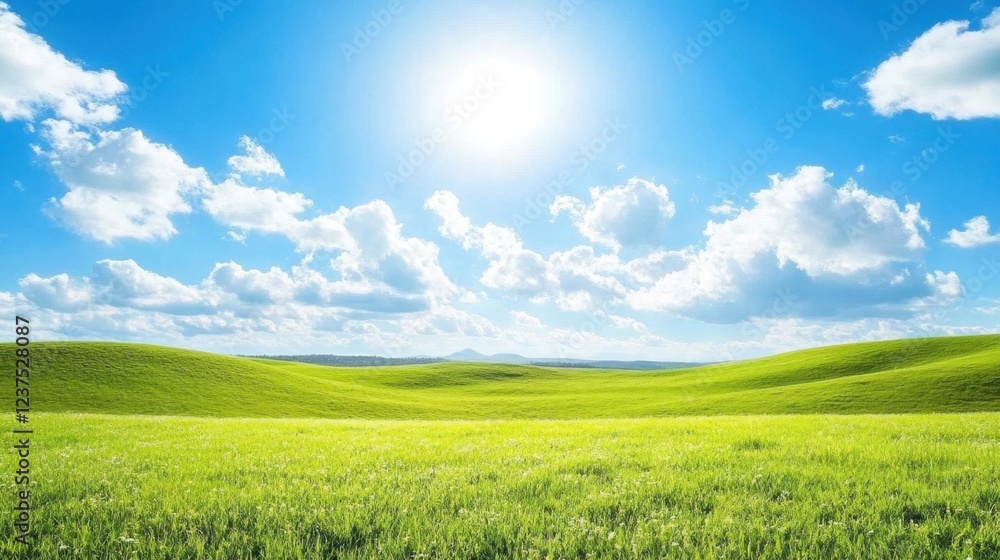 Obraz premium Serene Landscape of Lush Green Hills and Meadows under a Clear Blue Sky with Fluffy White Clouds