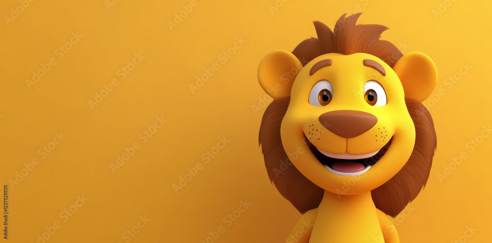 Fototapeta premium Cute cartoon lion character smiling on yellow background