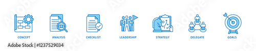 Planning icon set flow process which consists of concept, analysis, checklist, leadership, strategy, delegate and goals icon live stroke and easy to edit .