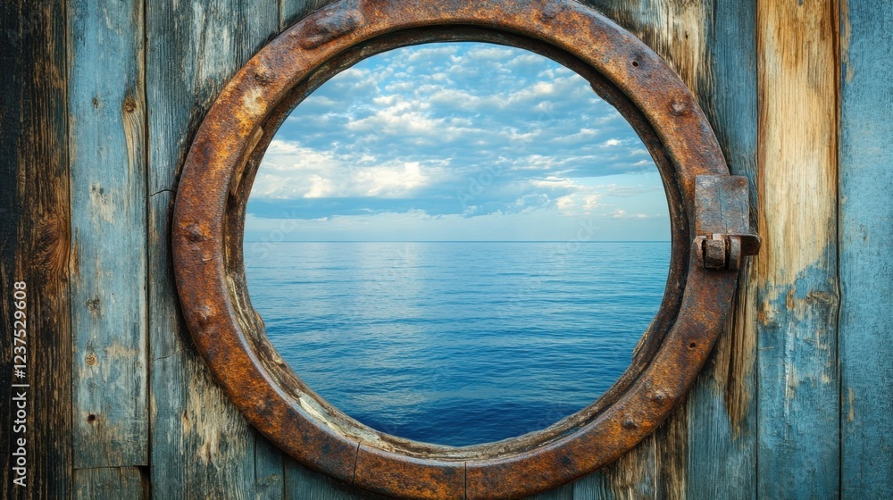 Weathered Porthole Window Overlooking Ocean and Blue Sky on Rustic Wooden Background - Nautical Concept Weathered Porthole Window Overlooking Ocean and Blue Sky on Rustic Wooden Background - Nautical Concept