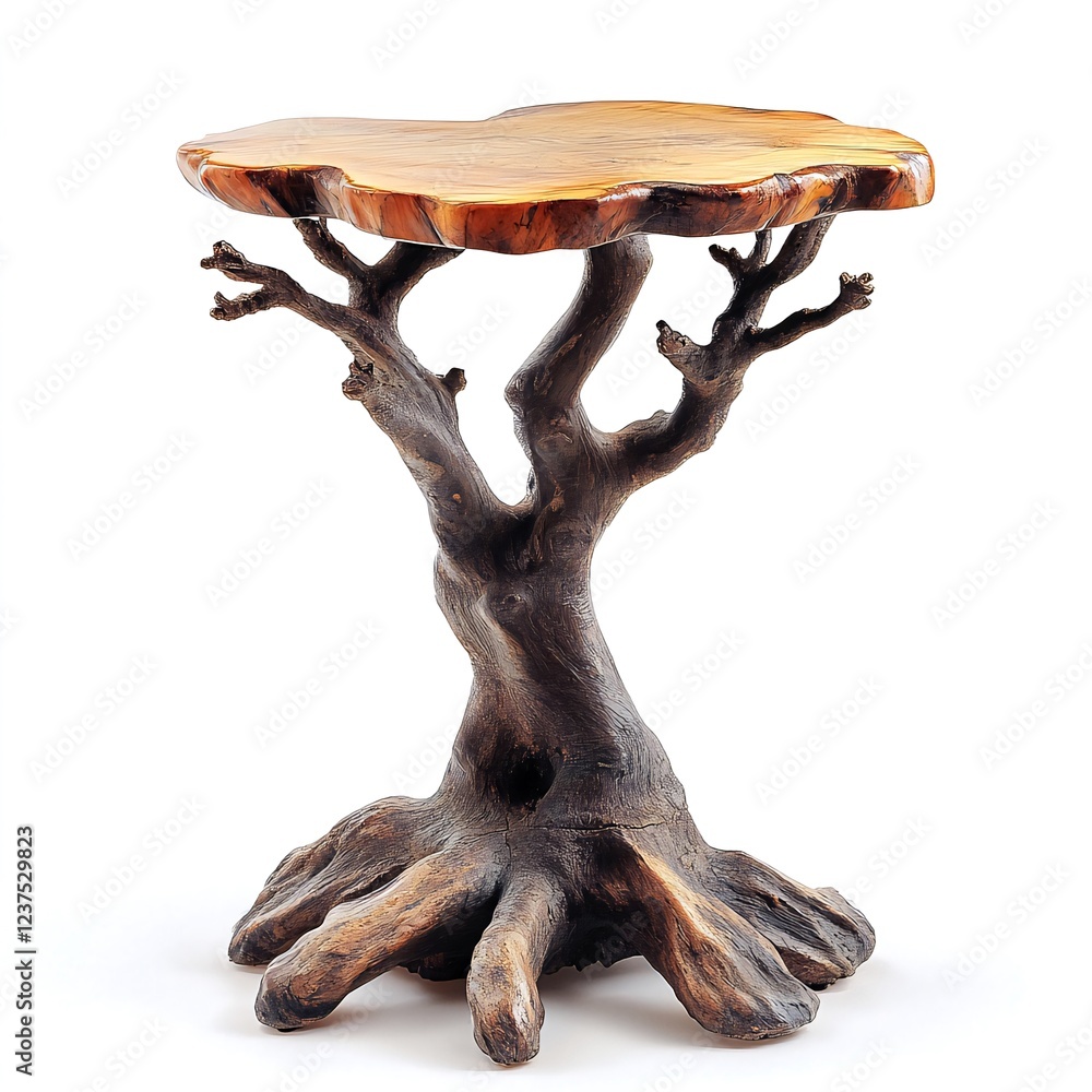 Naklejka premium Unique tree-shaped side table, rustic design, indoor setting, home decor