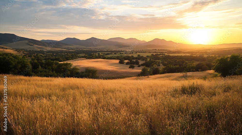 Fototapeta premium Idyllic Golden Field Landscape with Sunset and Distant Mountains : Generative AI