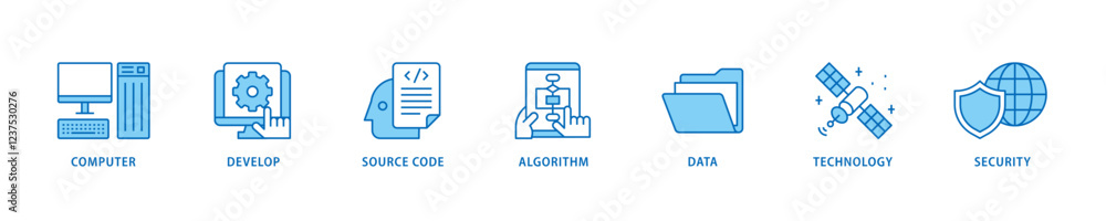 Fototapeta premium Programming icon set flow process which consists of computer, develop, source code, algorithm, data, technology and security icon live stroke and easy to edit .