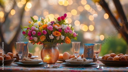 Traditional Haft-Seen Table with Spring Flowers, Celebrating Nowruz and Renewal