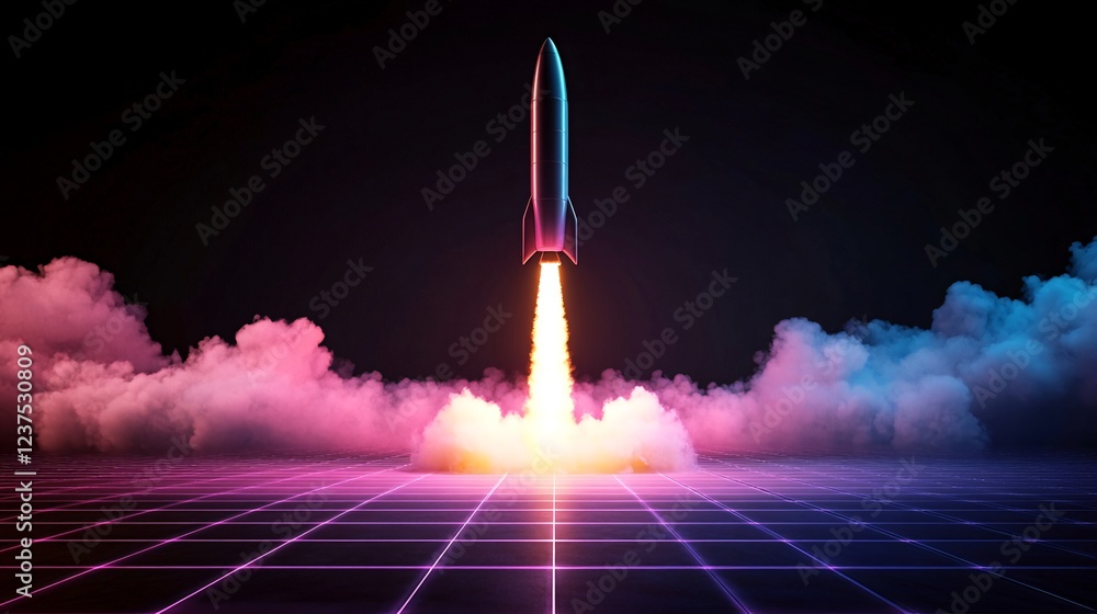Fototapeta premium Rocket launch, night sky, neon grid, futuristic concept, startup