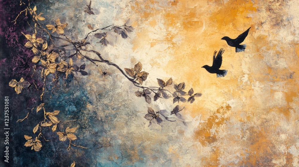 Golden birds flying, branch, textured background, art print Golden birds flying, branch, textured background, art print
