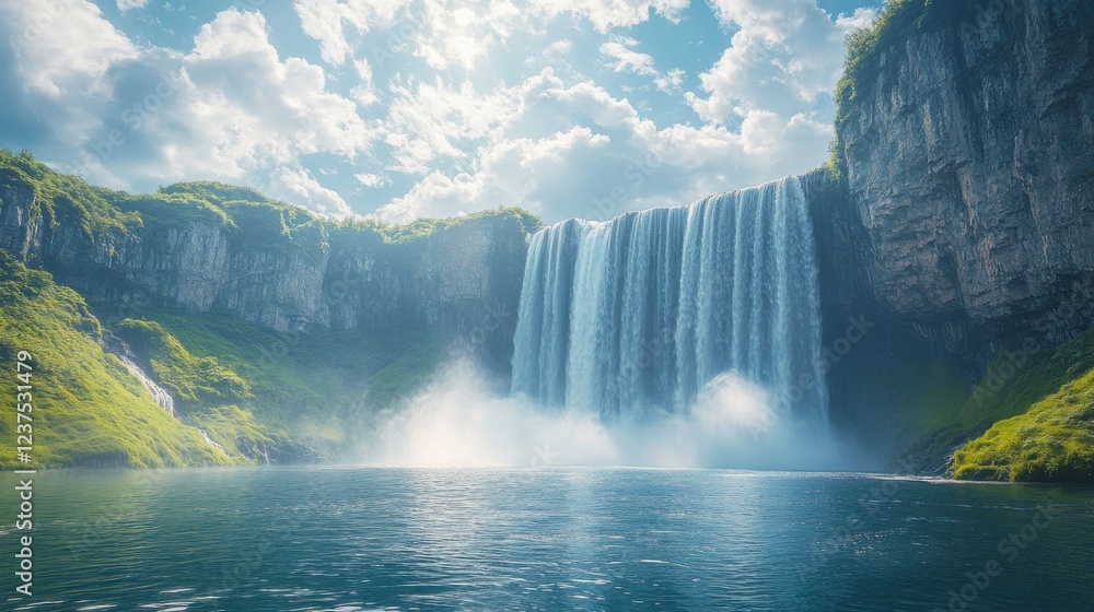 Fototapeta premium A beautiful waterfall in China, blue sky and white clouds, sunlight shining on the waterfall