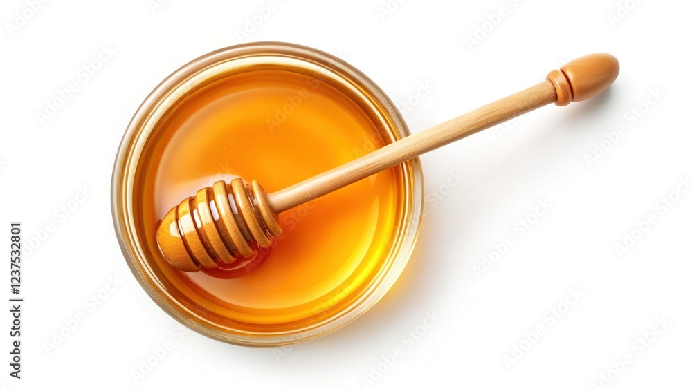 Close-Up Macro of Glass Honey Pot and Honey Dipper