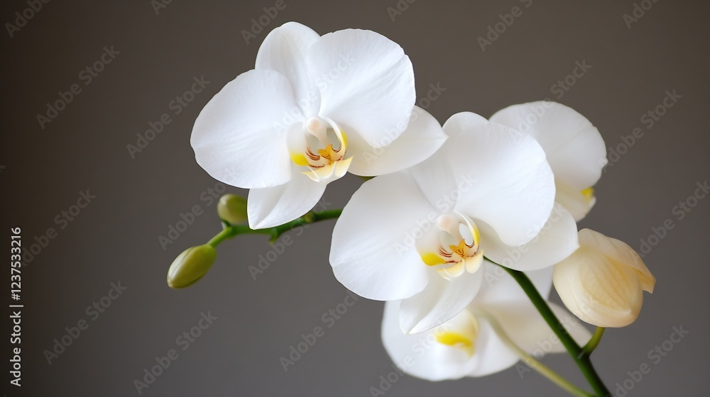 Fototapeta premium Vibrant White Orchid Blooms Against Soft Gray Background for Elegant Home Decor : Generative AI