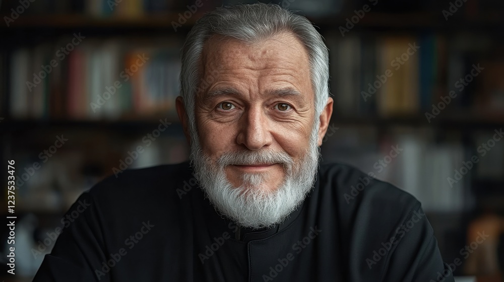 Front view。A kind and kind smiling Russian priest looks at the camera, handsome, intelligent, portrait, looking at the camera, Front view。A kind and kind smiling Russian priest looks at the camera, handsome, intelligent, portrait, looking at the camera,