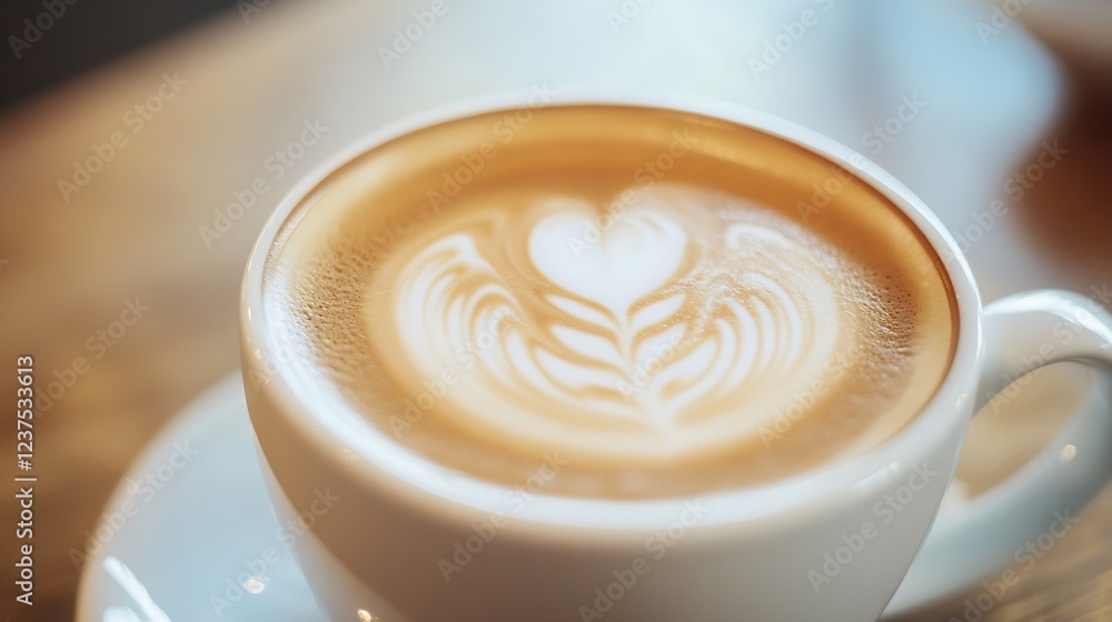 Closeup of creamy heart latte art in cup on wooden cafe table setting : Generative AI Closeup of creamy heart latte art in cup on wooden cafe table setting : Generative AI
