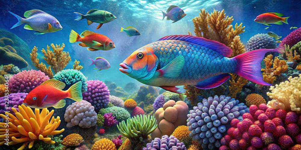 Fototapeta premium Exotic underwater scene of a parrotfish eating corals in the Red Sea