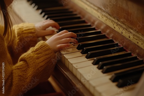 Little girl s hands playing piano focused view photo