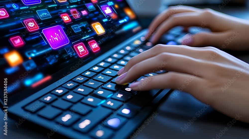 woman's hands typing on laptop with app icons - futuristic technol. woman's hands typing on laptop with app icons - futuristic technol.