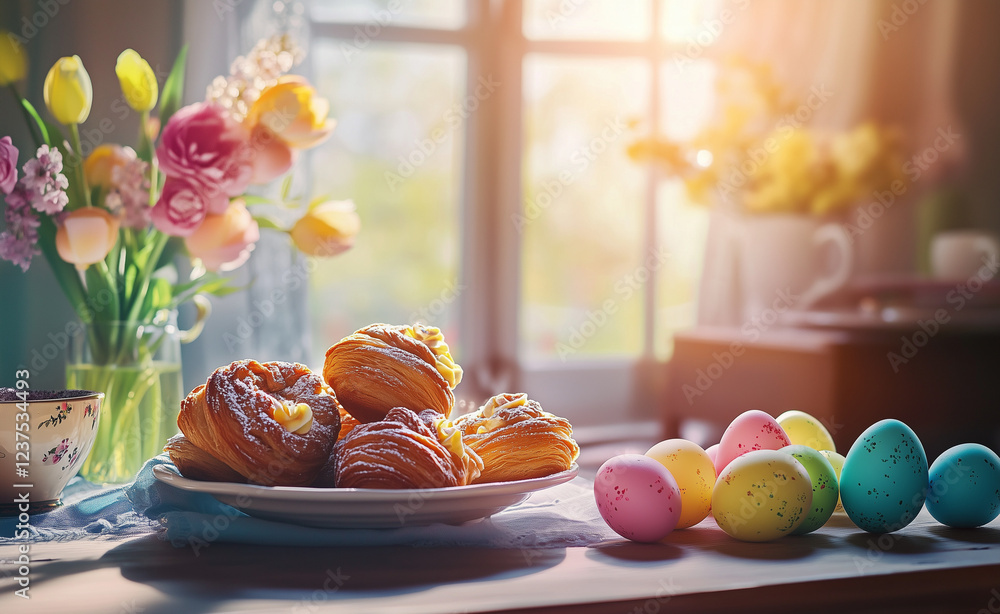 easter still life with eggs and flowers