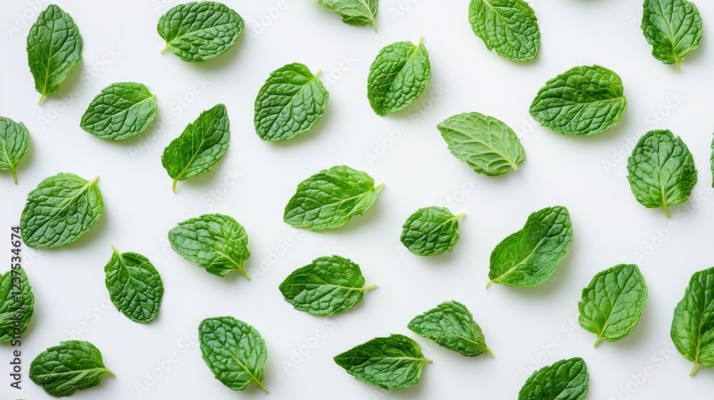 Fresh mint leaves pattern, white background, food design Fresh mint leaves pattern, white background, food design