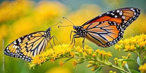 Goldenrod Delights: Monarch Butterfly and Ailanthus Webworm Moth Share Floral Feast photo