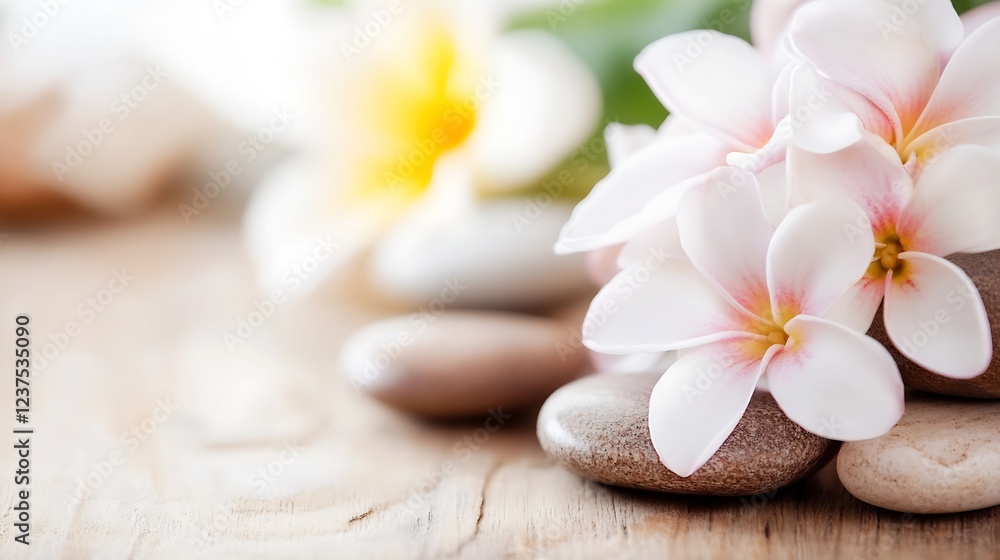 Serene Plumeria Flowers on Smooth Stones for Relaxation and Spa Themes : Generative AI Serene Plumeria Flowers on Smooth Stones for Relaxation and Spa Themes : Generative AI