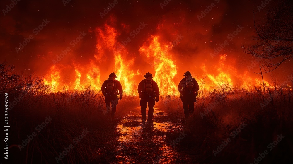 Fototapeta premium Firefighters Bravely Confronting a Wildfire at Night