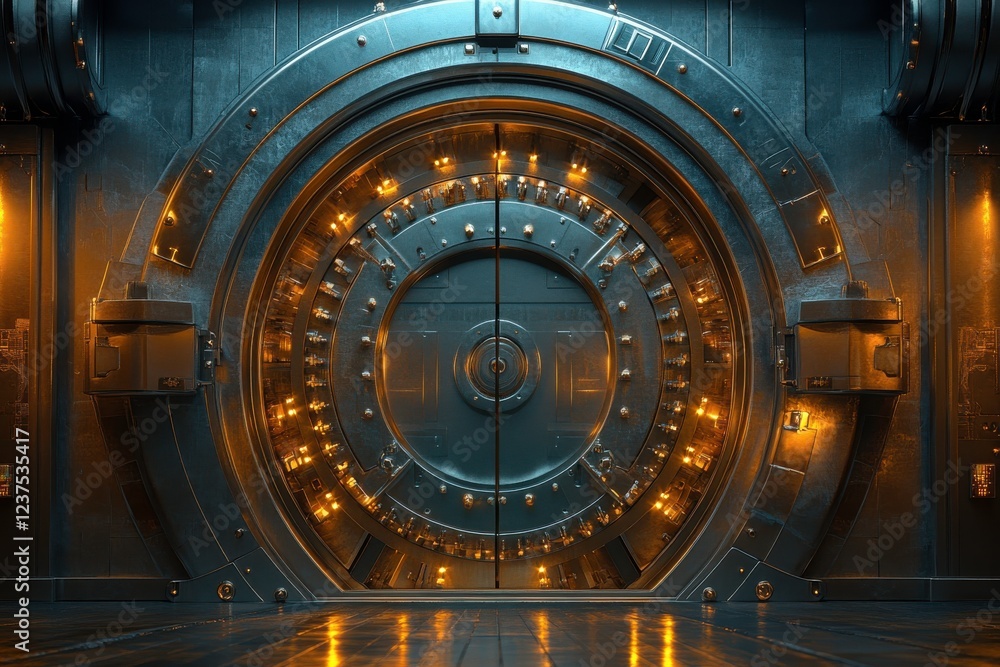 Fototapeta premium A large, futuristic vault door illuminated by warm lights, set in a metallic environment, suggesting security and secrecy.
