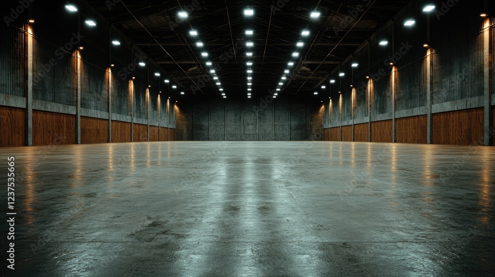 Empty industrial warehouse, concrete floor, lights, event space Empty industrial warehouse, concrete floor, lights, event space